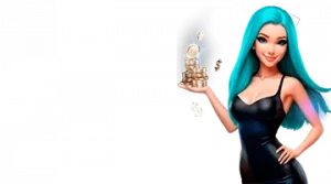 Изображение женского персонажа, держащего стопку монет, рекламирующего приветственный бонус в интернет-казино Gizbo в игривом и привлекательном стиле.